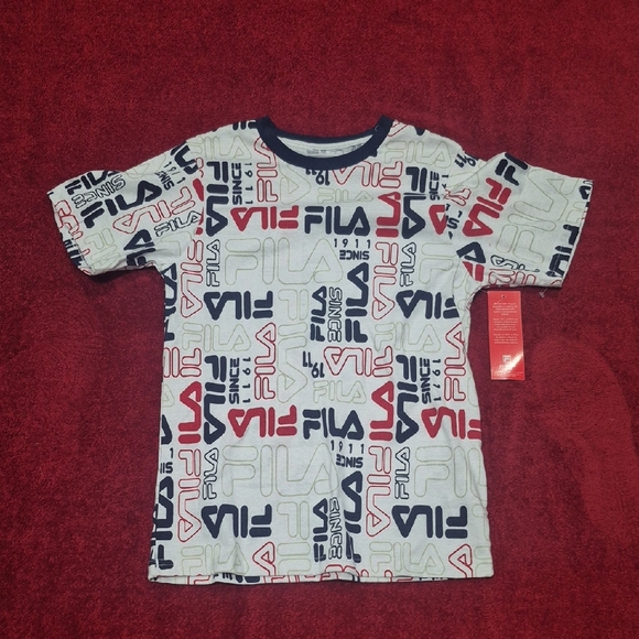 FILA Kids All-Over Logo Print T-Shirt White Red Black | Classic Athletic Tee - Picture 4 of 10